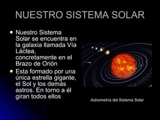 NUESTRO SISTEMA SOLAR Nuestro Sistema Solar se encuentra en la galaxia llamada Vía Láctea, concretamente en el Brazo de Orión Esta formado por una única estrella gigante, el Sol y los demás astros. En torno a él giran todos ellos Astrometría del Sistema Solar 