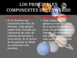 LOS PRINCIPALES COMPONENTES DEL UNIVERSO Las Galaxias del UniversoEn el Universo hay centenares de miles de millones. Cada galaxia puede estar formada por centenares de miles de millones de estrellas y otros astros. En el centro de las galaxias es donde se concentran más estrellas.Las Galaxias del UniversoCada cuerpo de una galaxia se mueve a causa de la atracción de los otros. En general hay, además, un movimiento más amplio que hace que todo junto gire alrededor del centro.