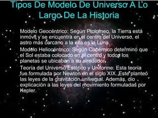 Tipos De Modelo De Universo A Lo Largo De La Historia Modelo Geocéntrico: Según Ptolomeo, la Tierra está inmóvil y se encuentra en el centro del Universo, el astro más cercano a la ella es la Luna. Modelo Heliocéntrico: Según Copérnico determinó que el Sol estaba colocado en el centro y todos los planetas se ubicaban a su alrededor. Teoría del Universo Estático y Uniforme: Esta teoría fue formulada por Newton en el siglo XIX. Este planteó las leyes de la gravitación universal. Además, dio explicación a las leyes del movimiento formuladas por Kepler.   