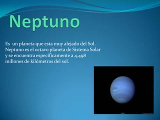 Es un planeta que esta muy alejado del Sol.
Neptuno es el octavo planeta de Sistema Solar
y se encuentra específicamente a 4.498
millones de kilómetros del sol.
 