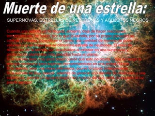 SUPERNOVAS, ESTRELLAS DE NEUTRONES Y AGUJEROS NEGROS

Cuando una estrella ya ha llegado al hierro, deja de hacer reacciones
termonucleares de fusión, por lo que la estrella, por su propia gravedad se
contrae y colapsa, dejando en el centro una cantidad de materia de poco
volumen y gran masa que se denomina estrella de neutrones. El resto de
materiales de la estrella son expulsados al exterior en una supernova y
produciendo elementos más pesados hasta el uranio.
Si la estrella tiene muy poca masa puede que esto no ocurra y que no tenga la
energía necesaria para explotar, comprimiéndose en una enana blanca.
Si la estrella tiene una masa intermedia, ocurre lo citado anteriormente.
Si la estrella es muy masiva, además de generar una estrella de neutrones y una
supernova, genera un agujero negro muy masivo del que nada, ni siquiera la luz
puede escapar.
 