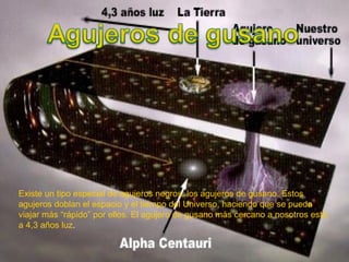 Existe un tipo especial de agujeros negros: los agujeros de gusano. Estos
agujeros doblan el espacio y el tiempo del Universo, haciendo que se pueda
viajar más “rápido” por ellos. El agujero de gusano más cercano a nosotros está
a 4,3 años luz.
 