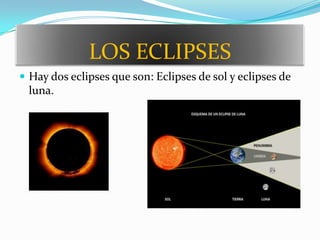 LOS ECLIPSES
 Hay dos eclipses que son: Eclipses de sol y eclipses de
  luna.
 