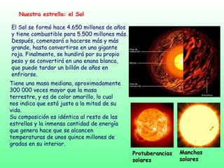 Nuestra estrella: el Sol
El Sol se formó hace 4.650 millones de años
y tiene combustible para 5.500 millones más.
Después, comenzará a hacerse más y más
grande, hasta convertirse en una gigante
roja. Finalmente, se hundirá por su propio
peso y se convertirá en una enana blanca,
que puede tardar un billón de años en
enfriarse.
Tiene una masa mediana, aproximadamente
300 000 veces mayor que la masa
terrestre, y es de color amarillo, lo cual
nos indica que está justo a la mitad de su
vida.
Su composición es idéntica al resto de las
estrellas y la inmensa cantidad de energía
que genera hace que se alcancen
temperaturas de unos quince millones de
grados en su interior.
Protuberancias
solares
Manchas
solares
 