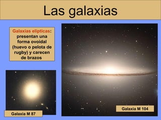 Las galaxias
Galaxias elípticas:
presentan una
forma ovoidal
(huevo o pelota de
rugby) y carecen
de brazos

Galaxia M 104
Galaxia M 87

 