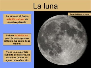 La luna
La luna es el único
satélite natural de
nuestro planeta.

La luna no emite luz,
pero la vemos porque
refleja la luz que le llega
del sol.

Tiene una superficie
cubierta de cráteres, de
manchas (mares sin
agua), montañas, etc.

Cara visible de la Luna

 