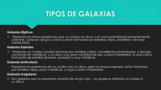 TIPOS DE GALAXIAS
Galaxias Elípticas
 Presentan la misma apariencia que un núcleo sin disco ,con una luminosidad aparentemente
uniforme. Carecen de gas y polvo y están formadas por estrellas viejas, amarillas y de baja
metalicidad
Galaxias Espirales
 Presentan un núcleo o bulbo formado por estrellas (viejas, amarillentas-anaranjadas, y de bajo
contenido BV metálico), y un disco con gran cantidad de gas y polvo interestelar, lo que indica
formación de estrellas jóvenes, azuladas y muy metálicas
Galaxias lenticulares
o Presentan la apariencia de un núcleo con un disco ,pero sin brazos espirales. Están formadas
por estrellas viejas, poco metálicas, y si gas o polvo interestelar.
Galaxias Irregulares:
 Son galaxias que no presentan simetría de ningún tipo , no aparece definido un núcleo ni
un disco.
 