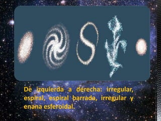 De izquierda a derecha: irregular, 
espiral, espiral barrada, irregular y 
enana esferoidal. 
 