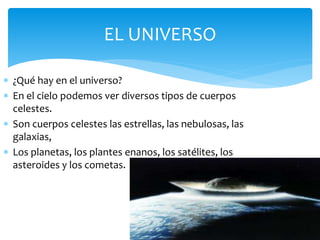 EL UNIVERSO 
 ¿Qué hay en el universo? 
 En el cielo podemos ver diversos tipos de cuerpos 
celestes. 
 Son cuerpos celestes las estrellas, las nebulosas, las 
galaxias, 
 Los planetas, los plantes enanos, los satélites, los 
asteroides y los cometas. 
 