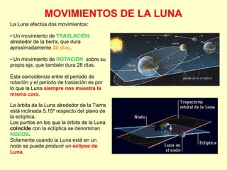 MOVIMIENTOS DE LA LUNA
La Luna efectúa dos movimientos:
● Un movimiento de TRASLACIÓN
alrededor de la tierra, que dura
aproximadamente 28 días.
● Un movimiento de ROTACIÓN sobre su
propio eje, que también dura 28 días.
Esta coincidencia entre el periodo de
rotación y el periodo de traslación es por
lo que la Luna siempre nos muestra la
misma cara.
La órbita de la Luna alrededor de la Tierra
está inclinada 5,15º respecto del plano de
la eclíptica.
Los puntos en los que la órbita de la Luna
coincide con la eclíptica se denominan
NODOS.
Solamente cuando la Luna está en un
nodo se puede producir un eclipse de
Luna.
 