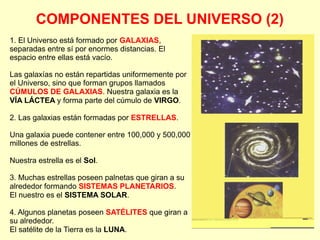 COMPONENTES DEL UNIVERSO (2)
1. El Universo está formado por GALAXIAS,
separadas entre sí por enormes distancias. El
espacio entre ellas está vacío.
Las galaxías no están repartidas uniformemente por
el Universo, sino que forman grupos llamados
CÚMULOS DE GALAXIAS. Nuestra galaxia es la
VÍA LÁCTEA y forma parte del cúmulo de VIRGO.
2. Las galaxias están formadas por ESTRELLAS.
Una galaxia puede contener entre 100,000 y 500,000
millones de estrellas.
Nuestra estrella es el Sol.
3. Muchas estrellas poseen palnetas que giran a su
alrededor formando SISTEMAS PLANETARIOS.
El nuestro es el SISTEMA SOLAR.
4. Algunos planetas poseen SATÉLITES que giran a
su alrededor.
El satélite de la Tierra es la LUNA.
 