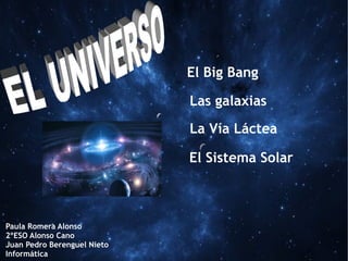 El Big Bang
Las galaxias
La Vía Láctea
El Sistema Solar
Paula Romera Alonso
2ºESO Alonso Cano
Juan Pedro Berenguel Nieto
Informática
 
