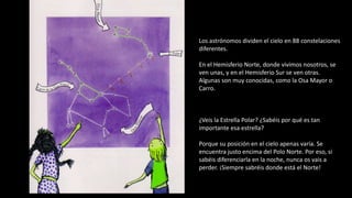 Los astrónomos dividen el cielo en 88 constelaciones
diferentes.
En el Hemisferio Norte, donde vivimos nosotros, se
ven unas, y en el Hemisferio Sur se ven otras.
Algunas son muy conocidas, como la Osa Mayor o
Carro.
¿Veis la Estrella Polar? ¿Sabéis por qué es tan
importante esa estrella?
Porque su posición en el cielo apenas varía. Se
encuentra justo encima del Polo Norte. Por eso, si
sabéis diferenciarla en la noche, nunca os vais a
perder. ¡Siempre sabréis donde está el Norte!
 
