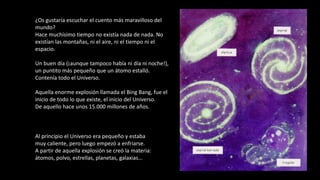¿Os gustaría escuchar el cuento más maravilloso del
mundo?
Hace muchísimo tiempo no existía nada de nada. No
existían las montañas, ni el aire, ni el tiempo ni el
espacio.
Un buen día (¡aunque tampoco había ni día ni noche!),
un puntito más pequeño que un átomo estalló.
Contenía todo el Universo.
Aquella enorme explosión llamada el Bing Bang, fue el
inicio de todo lo que existe, el inicio del Universo.
De aquello hace unos 15.000 millones de años.
Al principio el Universo era pequeño y estaba
muy caliente, pero luego empezó a enfriarse.
A partir de aquella explosión se creó la materia:
átomos, polvo, estrellas, planetas, galaxias…
 