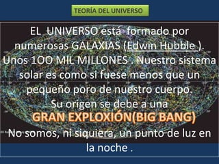 TEORÍA DEL UNIVERSO

     EL UNIVERSO está formado por
  numerosas GALAXIAS (Edwin Hubble ).
Unos 1OO MIL MILLONES . Nuestro sistema
   solar es como si fuese menos que un
    pequeño poro de nuestro cuerpo.
          Su origen se debe a una

No somos, ni siquiera, un punto de luz en
                la noche .
 