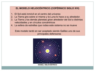 EL MODELO HELIOCÉNTRICO (COPÉRNICO SIGLO XVI)
1. El Sol está inmóvil en el centro del universo
2. La Tierra gira sobre sí misma y la Luna lo hace a su alrededor.
3. La Tierra y los demás planetas giran alrededor del Sol a distintas
velocidades y en círculos concéntricos
4. La esfera de estrellas que rodea este sistema no se mueve
Este modelo tardó en ser aceptado siendo Galileo uno de sus
principales defensores
 