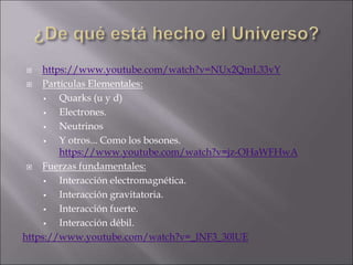  https://www.youtube.com/watch?v=NUx2QmL33vY
 Partículas Elementales:
 Quarks (u y d)
 Electrones.
 Neutrinos
 Y otros... Como los bosones.
https://www.youtube.com/watch?v=jz-OHaWFHwA
 Fuerzas fundamentales:
 Interacción electromagnética.
 Interacción gravitatoria.
 Interacción fuerte.
 Interacción débil.
https://www.youtube.com/watch?v=_lNF3_30lUE
 