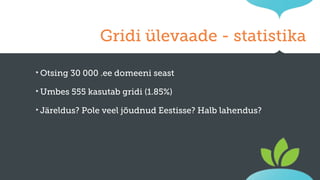Gridi ülevaade - statistika
‣ Otsing

30 000 .ee domeeni seast

‣ Umbes

555 kasutab gridi (1.85%)

‣ Järeldus?

Pole veel jõudnud Eestisse? Halb lahendus?

 
