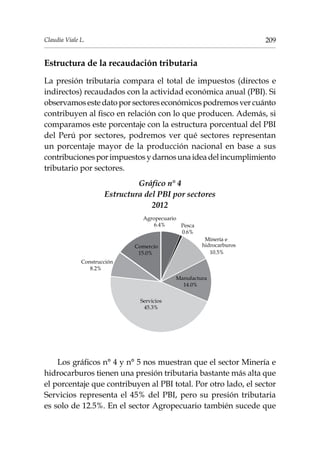 209Claudia Viale L.
Estructura de la recaudación tributaria
La presión tributaria compara el total de impuestos (directos e
indirectos) recaudados con la actividad económica anual (PBI). Si
observamosestedatoporsectoreseconómicospodremosvercuánto
contribuyen al fisco en relación con lo que producen. Además, si
comparamos este porcentaje con la estructura porcentual del PBI
del Perú por sectores, podremos ver qué sectores representan
un porcentaje mayor de la producción nacional en base a sus
contribucionesporimpuestosydarnosunaideadelincumplimiento
tributario por sectores.
Gráfico n° 4
Estructura del PBI por sectores
2012
Agropecuario
6.4%
Manufactura
14.0%
Servicios
45.3%
Construcción
8.2%
Comercio
15.0%
Minería e
10.5%
Pesca
0.6%
hidrocarburos
Los gráficos n° 4 y n° 5 nos muestran que el sector Minería e
hidrocarburos tienen una presión tributaria bastante más alta que
el porcentaje que contribuyen al PBI total. Por otro lado, el sector
Servicios representa el 45% del PBI, pero su presión tributaria
es solo de 12.5%. En el sector Agropecuario también sucede que
 