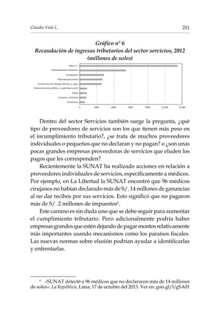 211Claudia Viale L.
Gráfico n° 6
Recaudación de ingresos tributarios del sector servicios, 2012
(millones de soles)
0 2000 4000 6000 8000 10 000 12 000
Enseñanza
Salud
Generación de energía eléctrica y agua
Telecomunicaciones
Transportes
Otros 1/
Intermediación financiera
Administración pública y seguridad social
Turismo y hotelería
Dentro del sector Servicios también surge la pregunta, ¿qué
tipo de proveedores de servicios son los que tienen más peso en
el incumplimiento tributario?, ¿se trata de muchos proveedores
individuales o pequeños que no declaran y no pagan? o ¿son unas
pocas grandes empresas proveedoras de servicios que eluden los
pagos que les corresponden?
Recientemente la SUNAT ha realizado acciones en relación a
proveedores individuales de servicios, específicamente a médicos.
Por ejemplo, en La Libertad la SUNAT encontró que 96 médicos
cirujanos no habían declarado más de S/. 14 millones de ganancias
al no dar recibos por sus servicios. Esto significó que no pagaron
más de S/. 2 millones de impuestos6
.
Este camino es sin duda uno que se debe seguir para aumentar
el cumplimiento tributario. Pero adicionalmente podría haber
empresasgrandesqueesténdejandodepagarmontosrelativamente
más importantes usando mecanismos como los paraísos fiscales.
Las nuevas normas sobre elusión podrían ayudar a identificarlas
y enfrentarlas.
6	
«SUNAT detectó a 96 médicos que no declararon más de 14 millones
de soles». La República, Lima, 17 de octubre del 2013. Ver en: goo.gl/UgSA01
 