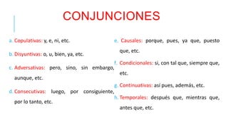 CONJUNCIONES 
a. Copulativas: y, e, ni, etc. 
b. Disyuntivas: o, u, bien, ya, etc. 
c. Adversativas: pero, sino, sin embargo, 
aunque, etc. 
e. Causales: porque, pues, ya que, puesto 
que, etc. 
f. Condicionales: si, con tal que, siempre que, 
etc. 
g. Continuativas: así pues, además, etc. 
d. Consecutivas: luego, por consiguiente, 
por lo tanto, etc. 
h. Temporales: después que, mientras que, 
antes que, etc. 
 