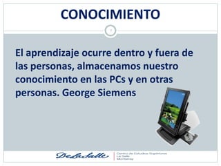 CONOCIMIENTO
                    7




El aprendizaje ocurre dentro y fuera de
las personas, almacenamos nuestro
conocimiento en las PCs y en otras
personas. George Siemens
 