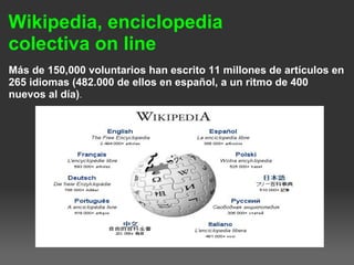 Wikipedia, enciclopedia
colectiva on line
Más de 150,000 voluntarios han escrito 11 millones de artículos en
265 idiomas (482.000 de ellos en español, a un ritmo de 400
nuevos al día).  nes de artículos en 265 idiomas (482.000 de ellos en español, a un ritmo de
400 nuevos al día).
 