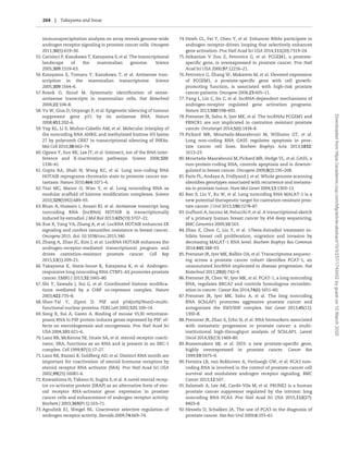 immunoprecipitation analysis on array reveals genome-wide
androgen receptor signaling in prostate cancer cells. Oncogene
2011;30(5):619–30.
55.Carninci P, Kasukawa T, Katayama S, et al. The transcriptional
landscape of the mammalian genome. Science
2005;309:1559–63.
56.Katayama S, Tomaru Y, Kasukawa T, et al. Antisense tran-
scription in the mammalian transcriptome. Science
2005;309:1564–6.
57.Rosok O, Sioud M. Systematic identiﬁcation of sense-
antisense transcripts in mammalian cells. Nat Biotechnol
2004;22:104–8.
58.Yu W, Gius D, Onyango P, et al. Epigenetic silencing of tumour
suppressor gene p15 by its antisense RNA. Nature
2008;451:202–6.
59.Yap KL, Li S, Mun˜ oz-Cabello AM, et al. Molecular interplay of
the noncoding RNA ANRIL and methylated histone H3 lysine
27 by polycomb CBX7 in transcriptional silencing of INK4a.
Mol Cell 2010;38:662–74.
60.Ogawa Y, Sun BK, Lee JT, et al. Intersect, ion of the RNA inter-
ference and X-inactivation pathways. Science 2008;320:
1336–41.
61.Gupta RA, Shah N, Wang KC, et al. Long non-coding RNA
HOTAIR reprograms chromatin state to promote cancer me-
tastasis. Nature 2010;464:1071–6.
62.Tsai MC, Manor O, Wan Y, et al. Long noncoding RNA as
modular scaffold of histone modiﬁcation complexes. Science
2010;329(5992):689–93.
63.Bhan A, Hussain I, Ansari KI, et al. Antisense transcript long
noncoding RNA (lncRNA) HOTAIR is transcriptionally
induced by estradiol. J Mol Biol 2013;425(19):3707–22.
64.Xue X, Yang YA, Zhang A, et al. LncRNA HOTAIR enhances ER
signaling and confers tamoxifen resistance in breast cancer.
Oncogene 2015. doi: 10.1038/onc.2015.340.
65.Zhang A, Zhao JC, Kim J, et al. LncRNA HOTAIR enhances the
androgen-receptor-mediated transcriptional program and
drives castration-resistant prostate cancer. Cell Rep
2015;13(1):209–21.
66.Takayama K, Horie-Inoue K, Katayama K, et al. Androgen-
responsive long noncoding RNA CTBP1-AS promotes prostate
cancer. EMBO J 2013;32:1665–80.
67.Shi Y, Sawada J, Sui G, et al. Coordinated histone modiﬁca-
tions mediated by a CtBP co-repressor complex. Nature
2003;422:735–8.
68.Shav-Tal Y, Zipori D. PSF and p54(nrb)/NonO–multi-
functional nuclear proteins. FEBS Lett 2002;531:109–14.
69.Song X, Sui A, Garen A. Binding of mouse VL30 retrotrans-
poson RNA to PSF protein induces genes repressed by PSF: ef-
fects on steroidogenesis and oncogenesis. Proc Natl Acad Sci
USA 2004;101:621–6.
70.Lanz RB, McKenna NJ, Onate SA, et al. steroid receptor coacti-
vator, SRA, functions as an RNA and is present in an SRC-1
complex. Cell 1999;97(1):17–27.
71.Lanz RB, Razani B, Goldberg AD, et al. Distinct RNA motifs are
important for coactivation of steroid hormone receptors by
steroid receptor RNA activator (SRA). Proc Natl Acad Sci USA
2002;99(25):16081–6.
72.Kawashima H, Takano H, Sugita S, et al. A novel steroid recep-
tor co-activator protein (SRAP) as an alternative form of ster-
oid receptor RNA-activator gene: expression in prostate
cancer cells and enhancement of androgen receptor activity.
Biochem J 2003;369(Pt 1):163–71.
73.Agoulink IU, Weigel NL. Coactivator selective regulation of
androgen receptor activity. Steroids 2009;74:669–74.
74.Hsieh CL, Fei T, Chen Y, et al. Enhancer RNAs participate in
androgen receptor-driven looping that selectively enhances
gene activation. Proc Natl Acad Sci USA 2014;111(20):7319–24.
75.Srikantan V Zou Z, Petrovics G, et al. PCGEM1, a prostate-
speciﬁc gene, is overexpressed in prostate cancer. Proc Natl
Acad Sci USA 2000;97:12216–21.
76.Petrovics G, Zhang W, Makarem M, et al. Elevated expression
of PCGEM1, a prostate-speciﬁc gene with cell growth-
promoting function, is associated with high-risk prostate
cancer patients. Oncogene 2004;23:605–11.
77.Yang L, Lin C, Jin C, et al. lncRNA-dependent mechanisms of
androgen-receptor regulated gene activation programs.
Nature 2013;500:598–602.
78.Prensner JR, Sahu A, Iyer MK, et al. The IncRNAs PCGEM1 and
PRNCR1 are not implicated in castration resistant prostate
cancer. Oncotarget 2014;5(6):1434–8.
79.Pickard MR, Mourtada-Maarabouni M, Williams GT, et al.
Long non-coding RNA GAS5 regulates apoptosis in pros-
tate cancer cell lines. Biochem Biophys Acta 2013;1832:
1613–23.
80.Mourtada-Maarabouni M, Pickard MR, Hedge VL, et al. GAS5, a
non-protein-coding RNA, controls apoptosis and is downre-
gulated in breast cancer. Oncogene 2009;8(2):195–208.
81.Paris PL, Andaya A, Fridlyand J, et al. Whole genome scanning
identiﬁes genotypes associated with recurrence and metasta-
sis in prostate tumor. Hum Mol Genet 2004;13:1303–13.
82.Ren S, Liu Y, Xu W, et al. Long noncoding RNA MALAT-1 is a
new potential therapeutic target for castration resistant pros-
tate cancer. J Urol 2013;190:2278–87.
83.Guffanti A, Iacono M, Pelucchi P, et al. A transcriptional sketch
of a primary human breast cancer by 454 deep sequencing,
BMC Genomics 2009;10:163.
84.Zhao Z, Chen C, Liu Y, et al. 17beta-Estradiol treatment in-
hibits breast cell proliferation, migration and invasion by
decreasing MALAT-1 RNA level. Biochem Biophys Res Commun
2014;445:388–93.
85.Prensner JR, Iyer MK, Balbin OA, et al. Transcriptome sequenc-
ing across a prostate cancer cohort identiﬁes PCAT-1, an
unannotated lincRNA implicated in disease progression. Nat
Biotechnol 2011;29(8):742–9.
86.Prensner JR, Chen W, Iyer MK, et al. PCAT-1, a long noncoding
RNA, regulates BRCA2 and controls homologous recombin-
ation in cancer. Cancer Res 2014;74(6):1651–60.
87.Prensner JR, Iyer MK, Sahu A, et al. The long noncoding
RNA SChLAP1 promotes aggressive prostate cancer and
antagonizes the SWI/SNF complex. Nat Genet 2013;45(11):
1392–8.
88.Prensner JR, Zhao S, Erho N, et al. RNA biomarkers associated
with metastatic progression in prostate cancer: a multi-
institutional high-throughput analysis of SChLAP1. Lancet
Oncol 2014;15(13):1469–80.
89.Bussemakers MJ, et al. DD3: a new prostate-speciﬁc gene,
highly overexpressed in prostate cancer. Cancer Res
1999;59:5975–9.
90.Ferreira LB, van Bokhoven A, Verhaegh GW, et al. PCA3 non-
coding RNA is involved in the control of prostate-cancer cell
survival and modulates androgen receptor signaling. BMC
Cancer 2013;12:507.
91.Salameh A, Lee AK, Cardo-Vila M, et al. PRUNE2 is a human
prostate cancer suppressor regulated by the intronic long
noncoding RNA PCA3. Proc Natl Acad Sci USA 2015;112(27):
8403–8.
92.Hessels D, Schalken JA. The use of PCA3 in the diagnosis of
prostate cancer. Nat Rev Urol 2009;6:255–61.
264 | Takayama and Inoue
Downloadedfromhttps://academic.oup.com/bfg/article-abstract/15/3/257/1742432bygueston10March2020
 