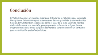 Conclusión
ElValle de Antón es un increíble lugar para disfrutar de la naturaleza por su variada
flora y fauna. Es fantástico para observadores de aves y también encontrará varios
hoteles. ElValle también es conocido como el lugar de la India Dormida, nombre
dado a la forma de una montaña, porque presenta la forma de la figura de una
mujer acostada boca arriba y algunos escritores lo consideran como un Santuario
para la meditación y cabañas turísticas.
 