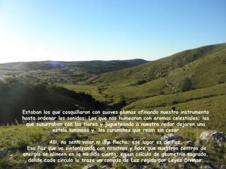Estaban los que cosquillaron con suaves plumas afinando nuestro instrumento
hasta ordenar los sonidos. Los que nos humearon con aromas celestiales; las
 que susurraban con las flores y jugueteando a nuestro redor dejaron una
            estela luminosa y los curumines que reían sin cesar
                                        .
           Allí, no sentí volar ni una flecha; ese lugar es de Paz.
  Esa Paz que va sintonizando con nosotros y hace que nuestros centros de
energía se alineen en la medida cierta; en un cálculo de geometría sagrada,
  donde cada círculo lo traza un compás de Luz regido por Leyes Divinas.
 