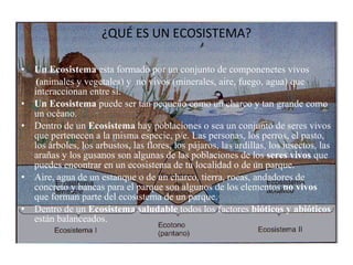 ¿QUÉ ES UN ECOSISTEMA? Un Ecosistema  esta formado por un conjunto de componenetes vivos ( animales y vegetales) y  no vivos (minerales, aire, fuego, agua) que interaccionan entre si. Un Ecosistema  puede ser tan pequeño como un charco y tan grande como un océano. Dentro de un  Ecosistema  hay poblaciones o sea un conjunto de seres vivos que pertenecen a la misma especie, p/e. Las personas, los perros, el pasto, los árboles, los arbustos, las flores, los pájaros, las ardillas, los insectos, las arañas y los gusanos son algunas de las poblaciones de los  seres vivos  que puedes encontrar en un ecosistema de tu localidad o de un parque. Aire, agua de un estanque o de un charco, tierra, rocas, andadores de concreto y bancas para el parque son algunos de los elementos  no vivos  que forman parte del ecosistema de un parque. Dentro de un  Ecosistema saludable  todos los factores  bióticos y abióticos  están balanceados. 