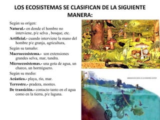 LOS ECOSISTEMAS SE CLASIFICAN DE LA SIGUIENTE MANERA: Según su orígen: Natural.-  en donde el hombre no interviene, p/e selva , bosque, etc. Artificial.-  cuando interviene la mano del hombre p/e granja, agricultura, Según su tamaño: Macroecosistema.-  son extensiones grandes selva, mar, tundra. Microecosistemas.-  una gota de agua, un charco, un hormiguero. Según su medio: Acúatico.-  playa, río, mar. Terrestre.-  pradera, montes. De transición.-  contacto tanto en el agua como en la tierra, p/e laguna. 