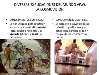 DIVERSAS EXPLICACIONES DEL MUNDO VIVO. LA COSMOVISIÓN. CONOCIMIENTOS EMPÍRICOS. Lo han utilizado para satisfacer sus necesidades de  alimentación  (caza, pescar o recolecta), de  vivienda  (chozas) y  salud  (la herbolaria). CONOCIMIENTO CIENTÍFICO. Se adquiere a través de pasos métodicos y reflexivos que conducen a conocer el qué y porqué de los fenómenos o hechos. 
