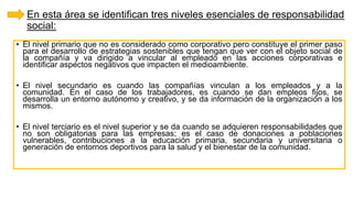 En esta área se identifican tres niveles esenciales de responsabilidad
social:
• El nivel primario que no es considerado como corporativo pero constituye el primer paso
para el desarrollo de estrategias sostenibles que tengan que ver con el objeto social de
la compañía y va dirigido a vincular al empleado en las acciones corporativas e
identificar aspectos negativos que impacten el medioambiente.
• El nivel secundario es cuando las compañías vinculan a los empleados y a la
comunidad. En el caso de los trabajadores, es cuando se dan empleos fijos, se
desarrolla un entorno autónomo y creativo, y se da información de la organización a los
mismos.
• El nivel terciario es el nivel superior y se da cuando se adquieren responsabilidades que
no son obligatorias para las empresas; es el caso de donaciones a poblaciones
vulnerables, contribuciones a la educación primaria, secundaria y universitaria o
generación de entornos deportivos para la salud y el bienestar de la comunidad.
 