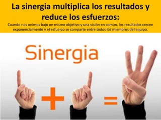 La sinergia multiplica los resultados y
reduce los esfuerzos:
Cuando nos unimos bajo un mismo objetivo y una visión en común, los resultados crecen
exponencialmente y el esfuerzo se comparte entre todos los miembros del equipo.
 