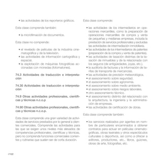 Esta clase comprende:

        Esta clase comprende también:                                                                             -
                                                                  raciones mercantiles, como la preparación de
                                                                  operaciones mercantiles de compra y venta
                                                                  de pequeñas y medianas empresas, incluida la
        Esta clase no comprende:                                  prestación de servicios profesionales y excluidas
                                                                  las actividades de intermediación inmobiliaria.
                                                           -
            matográfica y de la televisión.                       (preparación de la compra y venta de patentes).
                                                                                                                -
            espacial.                                             sación de inmuebles y de la relacionada con
                                                           -      los seguros (de antigüedades, joyas, etc.).
            cionadas con monedas (fotomatones).                                                                 -
                                                                  rifas de transporte de mercancías.
        74.3 Actividades de traducción e interpreta-
        ción

        74.30 Actividades de traducción e interpreta-
        ción

        74.9 Otras actividades profesionales, científi-
        cas y técnicas n.c.o.p                                    la arquitectura, la ingeniería y la administra-
                                                                  ción de empresas.
        74.90 Otras actividades profesionales, científi-
        cas y técnicas n.c.o.p.
                                                               Esta clase comprende también:
        Esta clase comprende una gran variedad de activi-
        dades de servicios prestados por lo general a clien-                                                   -
        tes comerciales. Comprende las actividades para           bre de particulares encaminados a obtener
        las que se exigen unos niveles más elevados de            contratos para actuar en películas cinemato-
        competencias profesionales, científicas y técnicas,       gráficas, obras teatrales y otros espectáculos
        pero no comprende funciones comerciales corrien-          culturales o deportivos, así como a ofrecer a
        tes y rutinarias que suelen ser de corta duración.        editores, productores, etc., libros, guiones,
                                                                  obras de arte, fotografías, etc.


//122
 
