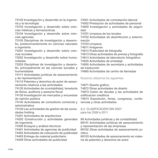 73102 Investigación y desarrollo en la ingenie-   74501 Actividades de contratación laboral
        ría y la tecnología                               74502 Prestación de actividades de personal
        73103 Investigación y desarrollo sobre cien-      74600 Investigación y actividades de seguri-
        cias médicas y farmacéuticas                      dad
        73104 Investigación y desarrollo sobre cien-      74701 Limpieza de los locales
        cias agrícolas                                    74702 Actividades de desinfección y extermi-
        73105 Disciplinas de investigación y desarro-     nación
        llo, predominantemente en ciencias naturales      74703 Limpieza
        e ingeniería                                      74811 Imágenes
        73201 Investigación y desarrollo sobre cien-      74812 Publicidad de fotografía
        cias sociales                                     74813 Otras actividades de prensa y fotografía
        73202 Investigación y desarrollo sobre huma-      74814 Actividades de laboratorio fotográfico
        nidades                                           74820 Actividades de embalaje
        73203 Disciplinas de investigación y desarro-     74850 Actividades de secretaría y actividades
        llo, principalmente en las ciencias sociales y    de traducción
        humanidades                                       74860 Actividades de centro de llamadas
        74111 Actividades jurídicas de asesoramiento
        y de representación                               Nosotros utilizamos los siguientes:
        74112 Patentes y derechos de autor de aseso-
        ramiento relativos a las actividades              74871 Diseño gráfico
        74120 Actividades de ccontabilidad, teneduría     74872 Otras actividades de diseño
        de libros, auditoría y asesoría fiscal            74873 Cobro de deudas y las actividades de
        74130 Investigación de mercados y encuestas       calificación crediticia
        de opinión pública                                74874 Exposición, ferias, congresos, confe-
        74140 Actividades de consultoría comercial y      rencias y otras actividades
        administrativa
        74150 Las actividades de gestión de las socie-    A.2. CLASIFICACIÓN SIN 2007:
        dades holding                                     para los 2008 a 2011
        74201 Actividades de arquitectura
        74202 Construcción y actividades generales        69 Actividades jurídicas y de contabilidad
        de ingeniería                                     69101 Actividades jurídicas de asesoramiento
        74300 Ensayos y análisis técnicos                 y representación de las empresas
        74401 Actividades de agencias de publicidad       69102 Otras actividades de asesoramiento ju-
        74402 Actividades de colocación de publicidad     rídico
        74403 Entrega de material publicitario            69103 Actividades de asesoramiento en mate-
        74409 Otras actividades de publicidad             ria de patentes y derechos de autor


//204
 