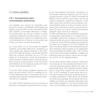 /3. CONCLUSIONES                                     ría de Comunidades Autónomas. Andalucía y la
                                                     Comunidad Valenciana alternan una vez más la
                                                     posición tercera y cuarta. En 2006 Comunidad de
//3.1. Conclusiones para                             Madrid continua siendo la que mayor volumen de
comunidades autónomas                                negocio representa, seguida de Cataluña, y País
                                                     Vasco que como ocurría en años anteriores, ocu-
Las capitales que ocupan las principales posi-       pa la posición sexta en cuanto a número de em-
ciones en cuanto a actividades relacionadas con      presas pero la tercera en cuanto a volumen de ne-
Diseño, en el año 2001 son la Comunidad de Ma-       gocio, es decir, con menor número de empresas
drid, Cataluña, Comunidad Valenciana y Andalu-       adquiere mayor volumen de negocio.
cía aunque estas dos últimas invierten su orden      En 2007 la tendencia es de crecimiento al alza pero
ocupando Andalucía la tercera posición y Comu-       en pequeñas proporciones en la mayoría de Co-
nidad Valenciana la cuarta en los diferentes años.   munidades Autónomas. Andalucía y la Comunidad
La Comunidad de La Rioja es la Comunidad que         Valenciana alternan una vez más la posición tercera
cuenta con menor número de empresas.                 y cuarta. En el año 2008 la capital cuya proporción
                                                     es menor es La Rioja con un 0,3% respecto del
En el año 2002 son la Comunidad de Madrid,           total. Se vuelve a repetir la misma tendencia que en
Cataluña, Comunidad Valenciana y Andalucía. La       años anteriores pese al cambio en la clasificación
única capital que decrece respecto al año 2001       de las actividades de la CNAE 1993 - 2007. En este
es la Comunidad de Navarra. La situación del País    mismo año la Comunidad de Madrid y Cataluña se
Vasco se mantiene constante con un 4,7% ocu-         aproximan cada vez más en cuanto cifra de nego-
                                                     cio, 33,6% y 27,5% respectivamente.
quinta posición mientras que en volumen de ne-
gocio ocupa la tercera posición. Para el año 2004    De los datos del año 2009, podemos extraer que
es Andalucía la Comunidad que cuenta con mayor       en la mayoría de Comunidades Autónomas el nú-
número de empresas (gráfico 7.2).                    mero de empresas decrece debido a la crisis, en
                                                     aproximadamente 200 unidades excepto Aragón
En el año 2005 aunque Andalucía decrece res-         que se incrementa respecto del año anterior de
pecto del año anterior (54.024 unidades) la Co-      2911 a 3073 unidades. En este mismo año el nú-
munitat Valenciana sufre un incremento de 16.147     mero de empresas disminuye, exceptuando la Co-
empresas dato que llama poderosamente la aten-       munidad de Madrid y el País Vasco que aumenta
ción (39.167 unidades).                              en número de empresas. En la mayoría de Comu-
                                                     nidades el número de empresas desciende para
En el año 2006 la tendencia es de crecimiento al     el año 2009, epígrafe 74, uno de los motivos es la
alza pero en pequeñas proporciones en la mayo-       crisis. La Comunidad que más decrece en número


                                                                             EL VALOR ECONÓMICO DEL DISEÑO //233
 
