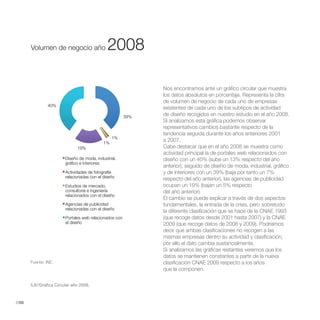 Volumen de Negocio año 2008



       Volumen de negocio año                  2008

                                                               Nos encontramos ante un gráfico circular que muestra
                                                               los datos absolutos en porcentaje. Representa la cifra
                                                               de volumen de negocio de cada uno de empresas
                40%
                                                               existentes de cada uno de los subtipos de actividad
                                                         39%
                                                               de diseño recogidos en nuestro estudio en el año 2008.
                                                               Si analizamos esta gráfica podemos observar
                                                               representativos cambios bastante respecto de la
                                                               tendencia seguida durante los años anteriores 2001
                                                  1%
                                             1%
                                                               a 2007.
                               19%                             Cabe destacar que en el año 2008 se muestra como

                         Diseño de moda, industrial,           diseño con un 40% (sube un 13% respecto del año
                         gráfico e interiores
                                                               anterior), seguido de diseño de moda, industrial, gráfico
                         Actividades de fotografía             y de interiores con un 39% (baja por tanto un 7%
                         relacionadas con el diseño            respecto del año anterior), las agencias de publicidad
                         Estudios de mercado,                  ocupan un 19% (bajan un 5% respecto
                         consultoría e ingeniería              del año anterior).
                         relacionados con el diseño
                                                               El cambio se puede explicar a través de dos aspectos
                         Agencias de publicidad                fundamentales, la entrada de la crisis, pero sobretodo
                         relacionadas con el diseño
                                                               la diferente clasificación que se hace de la CNAE 1993
                         Portales web relacionados con         (que recoge datos desde 2001 hasta 2007) y la CNAE
                         el diseño                             2009 (que recoge datos de 2008 y 2009). Podríamos
                                                               decir que ambas clasificaciones no recogen a las
                                                               mismas empresas dentro su actividad y clasificación,
                                                               por ello el dato cambia sustancialmente.
                                                               Si analizamos las gráficas restantes veremos que los
                                                               datos se mantienen constantes a partir de la nueva
       Fuente: INE.                                            clasificación CNAE 2009 respecto a los años
                                                               que la componen.

       5.8//Gráfica Circular año 2008.



//86
 