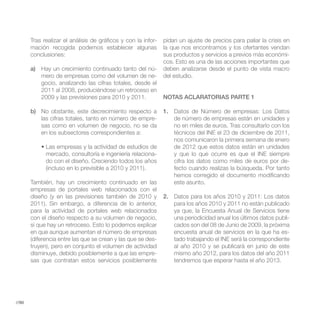Tras realizar el análisis de gráficos y con la infor-   pidan un ajuste de precios para paliar la crisis en
       mación recogida podemos establecer algunas              la que nos encontramos y los ofertantes vendan
       conclusiones:                                           sus productos y servicios a previos más económi-
                                                               cos. Esto es una de las acciones importantes que
       a) Hay un crecimiento continuado tanto del nú-          deben analizarse desde el punto de vista macro
          mero de empresas como del volumen de ne-             del estudio.
          gocio, analizando las cifras totales, desde el
          2011 al 2008, produciéndose un retroceso en
          2009 y las previsiones para 2010 y 2011.             NOTAS ACLARATORIAS PARTE 1

       b) No obstante, este decrecimiento respecto a           1. Datos de Número de empresas: Los Datos
          las cifras totales, tanto en número de empre-           de número de empresas están en unidades y
          sas como en volumen de negocio, no se da                no en miles de euros. Tras consultarlo con los
          en los subsectores correspondientes a:                  técnicos del INE el 23 de diciembre de 2011,
                                                                  nos comunicaron la primera semana de enero
                                                                  de 2012 que estos datos están en unidades
             mercado, consultoría e ingeniería relaciona-         y que lo que ocurre es que el INE siempre
             do con el diseño. Creciendo todos los años           cifra los datos como miles de euros por de-
             (incluso en lo previsible a 2010 y 2011).            fecto cuando realizas la búsqueda. Por tanto
                                                                  hemos corregido el documento modificando
       También, hay un crecimiento continuado en las              este asunto.

       diseño (y en las previsiones también de 2010 y          2. Datos para los años 2010 y 2011: Los datos
       2011). Sin embargo, a diferencia de lo anterior,           para los años 2010 y 2011 no están publicado
                                                                  ya que, la Encuesta Anual de Servicios tiene
       con el diseño respecto a su volumen de negocio,            una periodicidad anual los últimos datos publi-
       sí que hay un retroceso. Esto lo podemos explicar          cados son del 08 de Junio de 2009, la próxima
       en que aunque aumentan el número de empresas               encuesta anual de servicios en la que ha es-
       (diferencia entre las que se crean y las que se des-       tado trabajando el INE será la correspondiente
       truyen), pero en conjunto el volumen de actividad          al año 2010 y se publicará en junio de este
       disminuye, debido posiblemente a que las empre-            mismo año 2012, para los datos del año 2011
       sas que contratan estos servicios posiblemente             tendremos que esperar hasta el año 2013.




//90
 