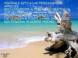 Lanikai Beach Kailua Hawaii MANDALE ESTO A LAS PERSONAS QUE APRECIES  (INCLUYENDOME A MI SI ASI LO SIENTES) YA QUE NO SABRAS SI MAÑANA TENDRAS LA OPORTUNIDAD DE HACERLO...  Y SI REGRESA A TI ESTE E-MAIL SABRAS QUE ESA PERSONA TE QUIERE MUCHO!   