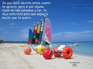 Sé que debí decirte antes cuanto te aprecio, pero si por alguna razón no nos volvemos a ver, te dejo esta nota para que sepas lo mucho que te quiero.  Seven Mile Beach Negril Jamaica 