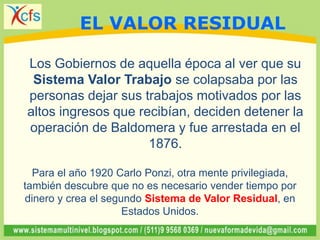 Los Gobiernos de aquella época al ver que su
Sistema Valor Trabajo se colapsaba por las
personas dejar sus trabajos motivados por las
altos ingresos que recibían, deciden detener la
operación de Baldomera y fue arrestada en el
1876.
Para el año 1920 Carlo Ponzi, otra mente privilegiada,
también descubre que no es necesario vender tiempo por
dinero y crea el segundo Sistema de Valor Residual, en
Estados Unidos.
EL VALOR RESIDUAL
 