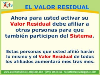 Ahora para usted activar su
Valor Residual debe afiliar a
otras personas para que
también participen del Sistema.
Estas personas que usted afilió harán
lo mismo y el Valor Residual de todos
los afiliados aumentará mes tras mes.
EL VALOR RESIDUAL
 