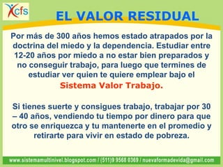 Por más de 300 años hemos estado atrapados por la
doctrina del miedo y la dependencia. Estudiar entre
12-20 años por miedo a no estar bien preparados y
no conseguir trabajo, para luego que termines de
estudiar ver quien te quiere emplear bajo el
Sistema Valor Trabajo.
Si tienes suerte y consigues trabajo, trabajar por 30
– 40 años, vendiendo tu tiempo por dinero para que
otro se enriquezca y tu mantenerte en el promedio y
retirarte para vivir en estado de pobreza.
EL VALOR RESIDUAL
 