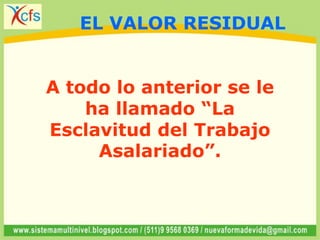 A todo lo anterior se le
ha llamado “La
Esclavitud del Trabajo
Asalariado”.
EL VALOR RESIDUAL
 