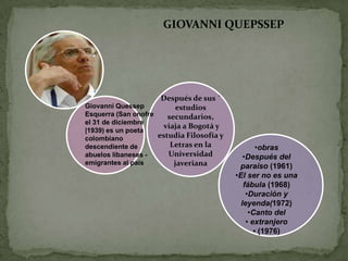 GIOVANNI QUEPSSEP




                     Después de sus ´
Giovanni Quessep           estudios
Esquerra (San onofre    secundarios,
el 31 de diciembre
                      viaja a Bogotá y
|1939) es un poeta
colombiano           estudia Filosofía y
descendiente de          Letras en la              •obras
abuelos libaneses -     Universidad           •Después del
emigrantes al país        javeriana         paraíso (1961)
                                           •El ser no es una
                                              fábula (1968)
                                               •Duración y
                                             leyenda(1972)
                                                •Canto del
                                               • extranjero
                                                  • (1976)
 