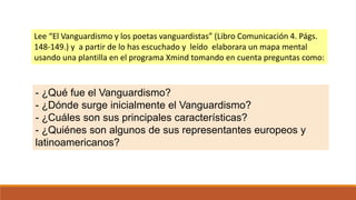 - ¿Qué fue el Vanguardismo?
- ¿Dónde surge inicialmente el Vanguardismo?
- ¿Cuáles son sus principales características?
- ¿Quiénes son algunos de sus representantes europeos y
latinoamericanos?
Lee “El Vanguardismo y los poetas vanguardistas” (Libro Comunicación 4. Págs.
148-149.) y a partir de lo has escuchado y leído elaborara un mapa mental
usando una plantilla en el programa Xmind tomando en cuenta preguntas como:
El Vanguardismo
 