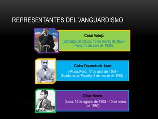 REPRESENTANTES DEL VANGUARDISMO


              (Santiago de Chuco, 16 de marzo de 1892 -
                      París, 15 de abril de 1938).




                 ( Puno, Perú, 17 de abril de 1905 -
             Guadarrama, España, 6 de marzo de 1936). ﻿




               (Lima, 19 de agosto de 1903 - 10 de enero
                              de 1956)
 
