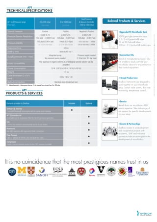 ©2013ELVEFLOW®MicrofluidicInnovationCenter.Allrightsreserved.Informationissubjecttochangewithoutnotice.
AF1 Unit Pressure range
Premium
0 to 200 mbar
(0 to 2.9 psi)
0 to 1600mbar
(0 to 23 psi)
Dual Pressure
& Vacuum Controller
-700 to 1000 mbar
(-10 to 14 psi)
Type of pressure Positive Positive Negative & Positive
Pressure Sensor Resolution
0.006 % FS
12.2 µbar - 0.00017 psi
0.006 % FS
122 µbar - 0.0017 psi
0.006 % FS
122 µbar - 0.0017 psi
Pressure stability
100 µbar (0.0014 psi)
i.e. 0.05 % Full Scale
1 mbar (0.014 psi)
i.e. 0.05 % Full Scale
-700 to 500 mBar : 1 mBar
500 to 1000 mBar: 5 mBar
Response time 50 ms
Settling time down to 40 ms (1)
Supply pressure (min - max)
Integrated pump
No pressure source needed
Pressure supply needed
(1.5 bar min, 2.5 bar max)
Liquid compatibility
Any aqueous or organic solvent, oil, or biological sample solution can be
propelled
Power consumption 15 W (100 V to 240 V - 50 Hz to 60 Hz)
Weight 1.7 kg
Case dimensions L x l x h
(mm)
220 x 130 x 130
Output connectors Stainless steel female luer lock
TECHNICAL SPECIFICATIONS
AF1
Elements provided by Elveflow Included Optional
Software & libraries
Control all Elveflow® instruments with the same smart interface. •
AF1 Connection kit
A complete set of accessories fitted for the AF1 pressure generator. •
Kits
Connect any pressure source/syringe pump to your device. •
Reservoirs
Gas tight reservoirs with ergonomic fluidic connection. •
Flow Sensors
A line of sensors to monitor very low liquid flow rates. •
Compressor
A safe & secure pressure source for the OB1 pressure controller. •
PRODUCTS & SERVICES
AF1
Related Products & Services
Service
Benefit from our microfluidics PhD
team’s expertise. Take advantage of
our support for specific developments
on your setup.
Grants & Partnerships
Elveflow invests in co-development
and cooperative projects with
academic, SME and industrial
partners to take an active part in the
development of microfluidics.
Broad Product Line
Elveflow instruments are designed to
work together on your microfluidic
setup. Switch valve system, flow rate
monitoring, temperature control...
Eppendorf® Microfluidic Tank
100% gas tight connection caps.
1.5 - 2 mL Eppendorf® tubes
15 mL BD Falcon® tubes
100 mL - 2 L Upchurch® bottle caps.
Connection Kits
Bored of microplumbing issues? Our
kits enable to easily connect your
microfluidic device to any pressure or
flow control equipment.
It is no coincidence that the most prestigious names trust in usIt is no coincidence that the most prestigious names trust in us
(1) Volume dependent – Measurement done on 12 mL reservoir for a set point from 0 to 200 mbar
 